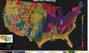 Very colorful map of Bedrock Geology for the U.S.  Maps of very different characteristics in the landscape can reveal surprising connections. 